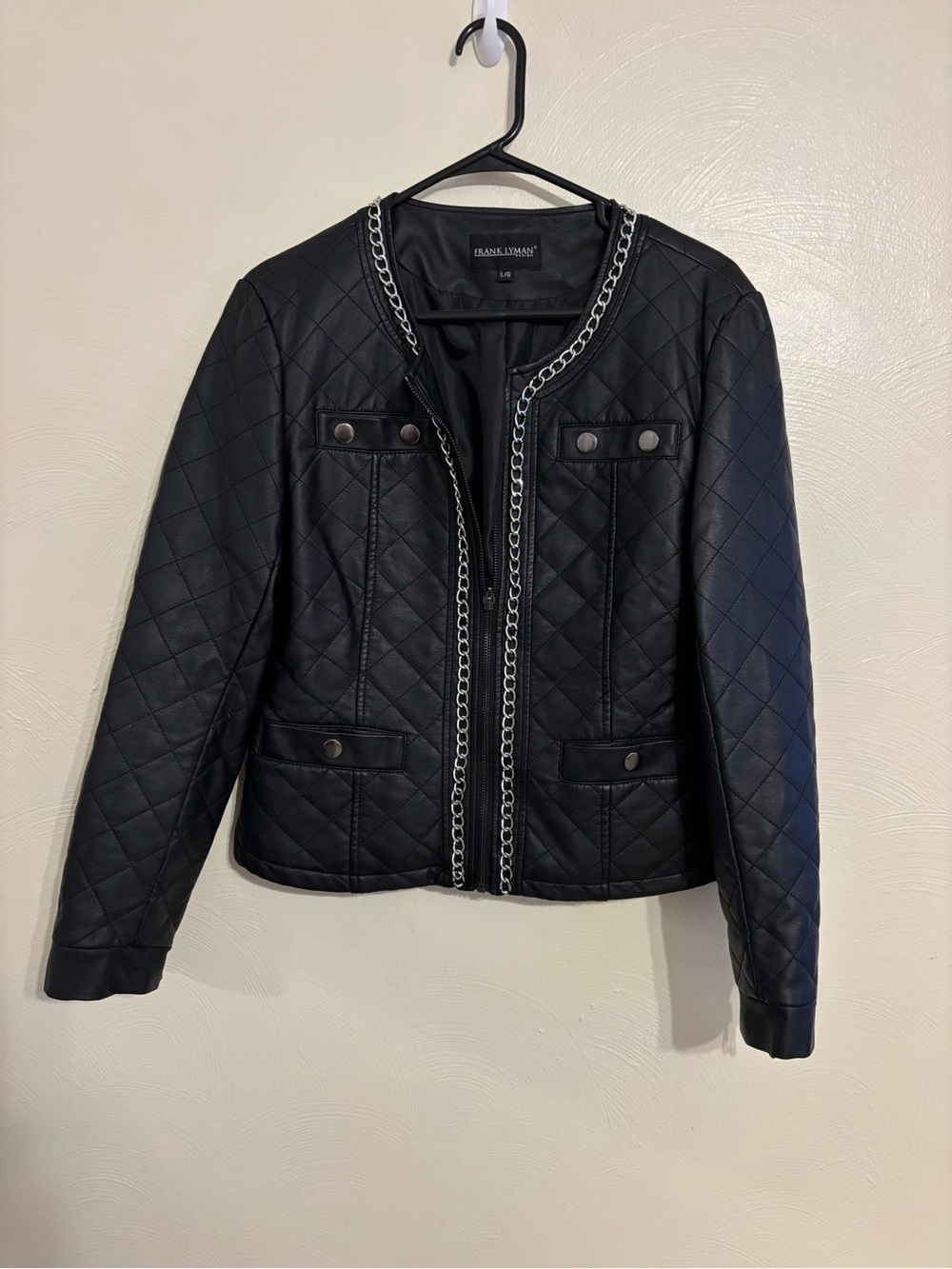 Frank Lyman Black Quilted Faux Leather Chain Trim Zip Jacket L